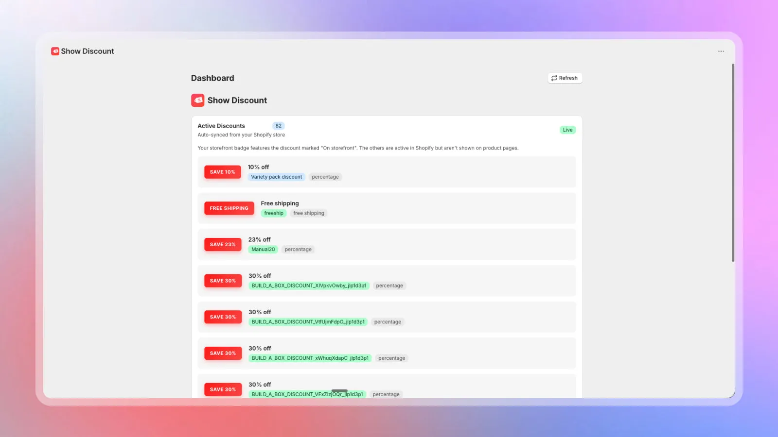 Show Discount dashboard